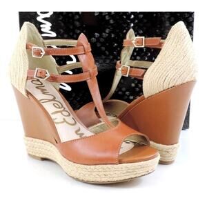 SAM EDELMAN Leather Jute Katrina Peep Toe T Strap Wedge Platform Sandals 8.5
